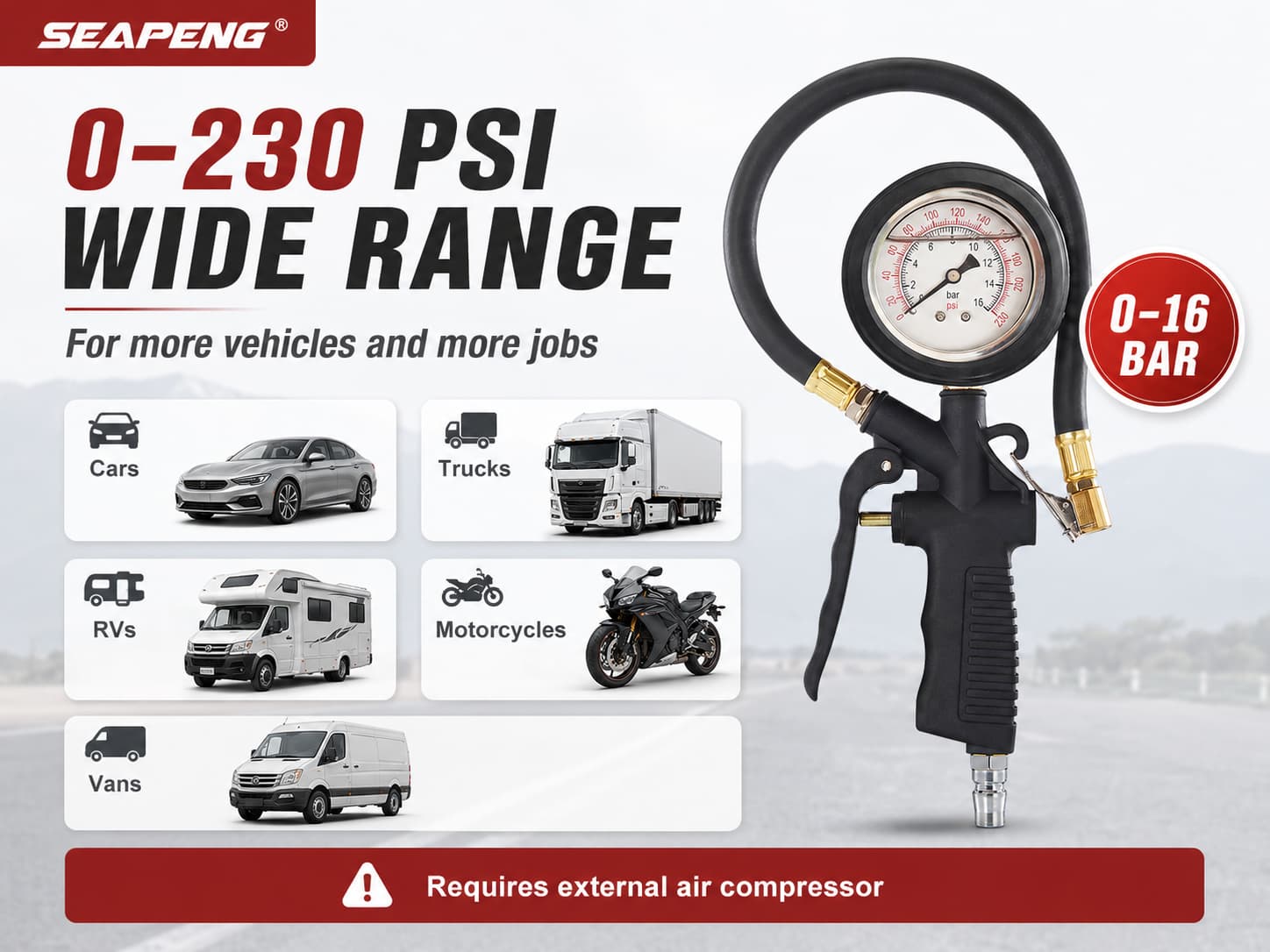 SEAPENG DP-202 Liquid-Filled Tire Pressure Gauge, 0-230 PSI