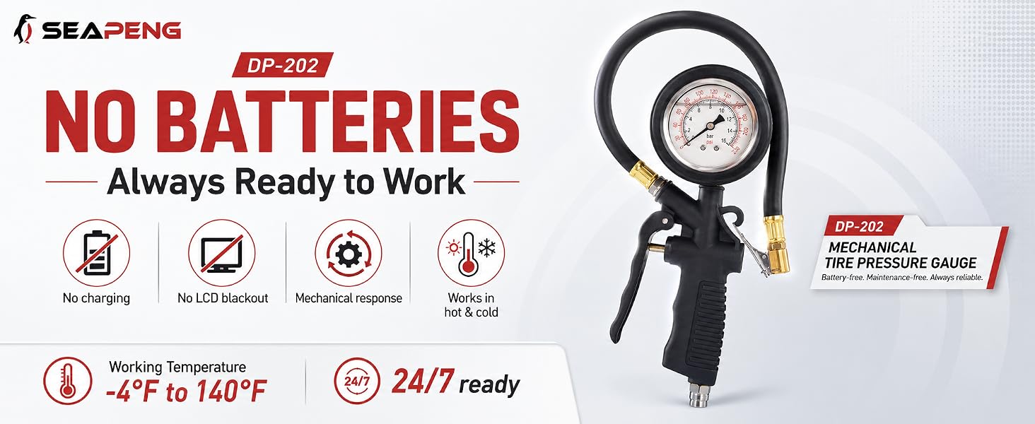 SEAPENG DP-202 liquid-filled tire pressure gauge, 0-230 PSI, with rubber hose and pistol grip inflator