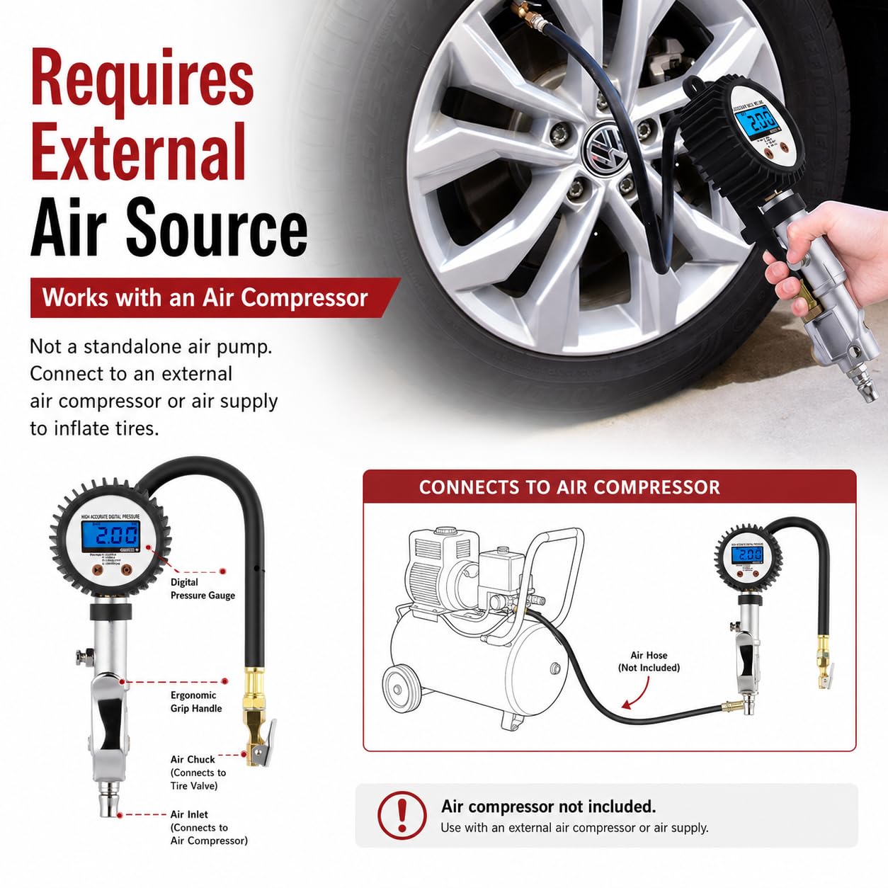 SEAPENG DP-208 Digital Tire Inflator Gauge, 5-230 PSI