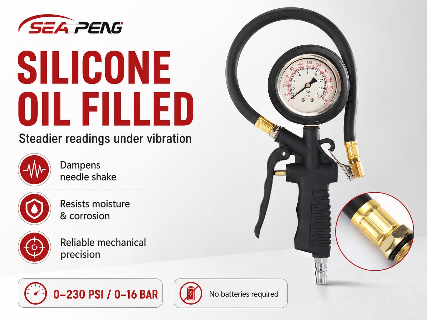 SEAPENG DP-202 Liquid-Filled Tire Pressure Gauge, 0-230 PSI