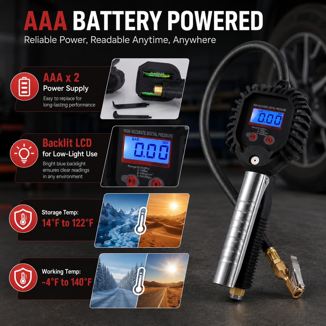 SEAPENG BW-001 Digital Tire Inflator Gauge, 0.3-255 PSI
