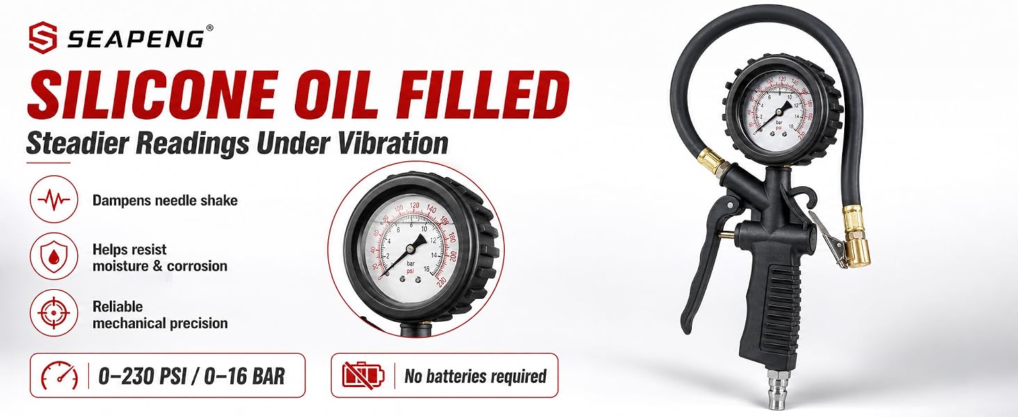 SEAPENG DP-202 liquid-filled tire pressure gauge, 0-230 PSI, with rubber hose and pistol grip inflator