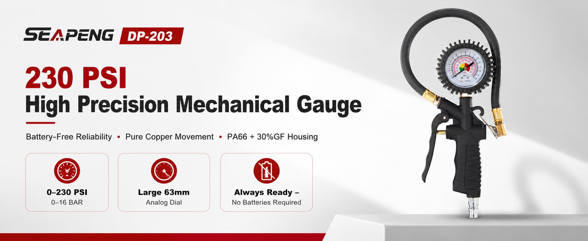 SEAPENG DP-203 tire pressure gauge with hose, pistol grip handle and brass tire chuck