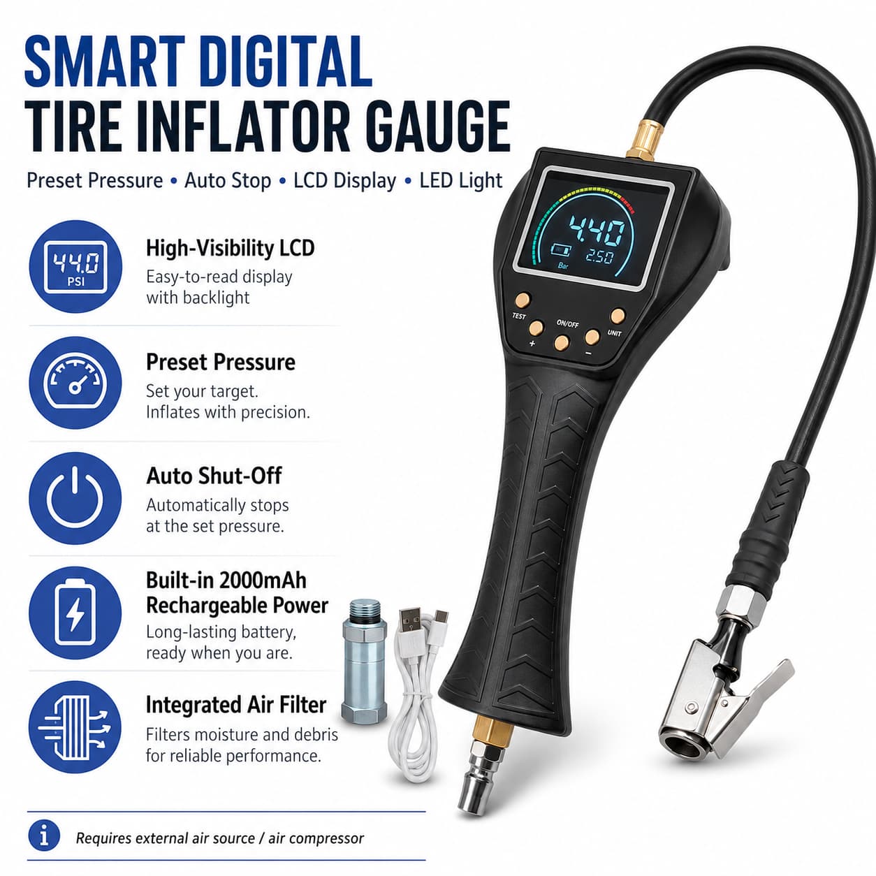 SEAPENG TB-902 Handheld Auto Inflate/Deflate Tire Inflator Gauge for Off-Road, Garage & Fleet Use