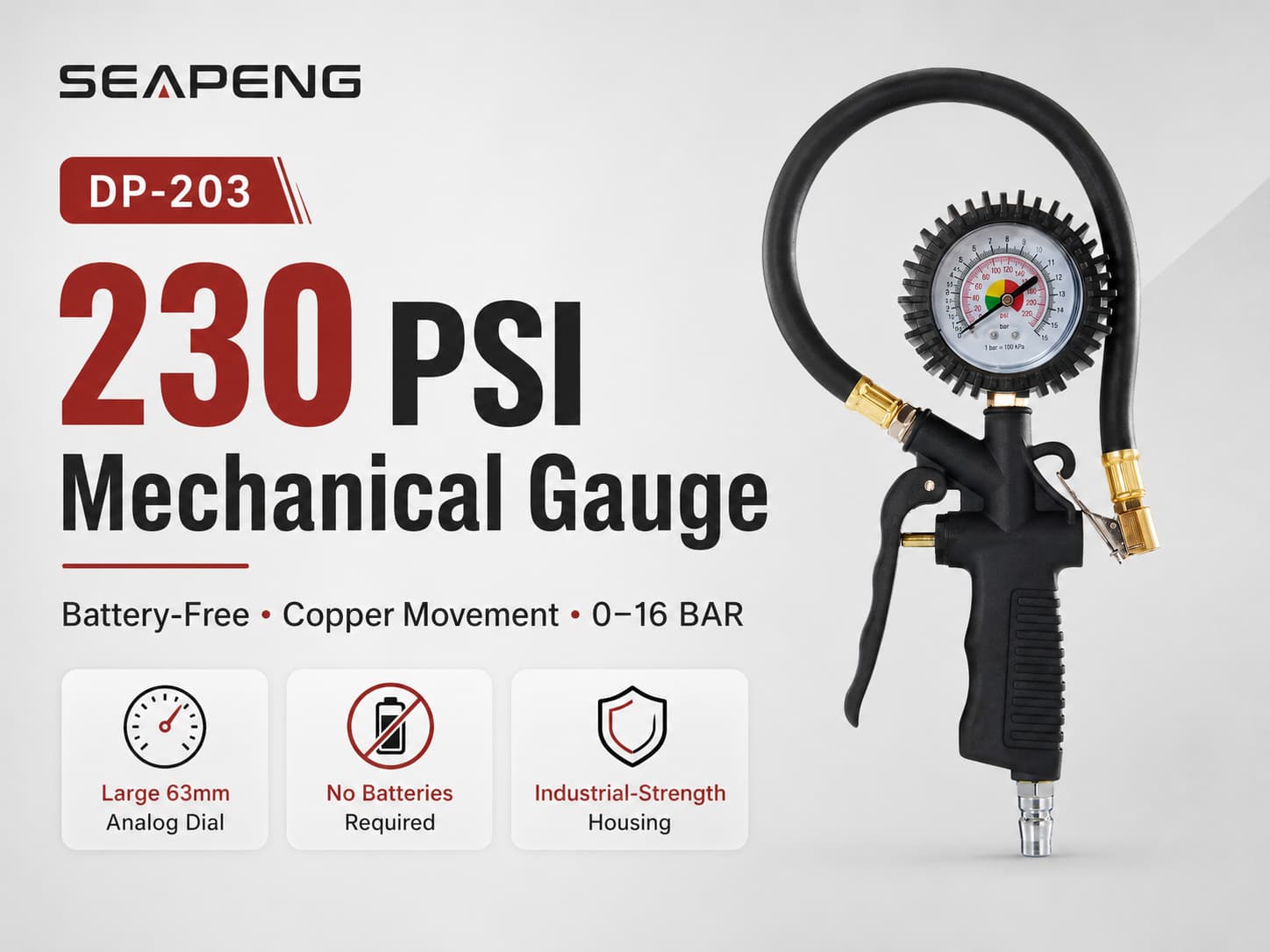 SEAPENG DP-203 Analog Tire Pressure Gauge for Cars, SUVs, Trucks & RVs