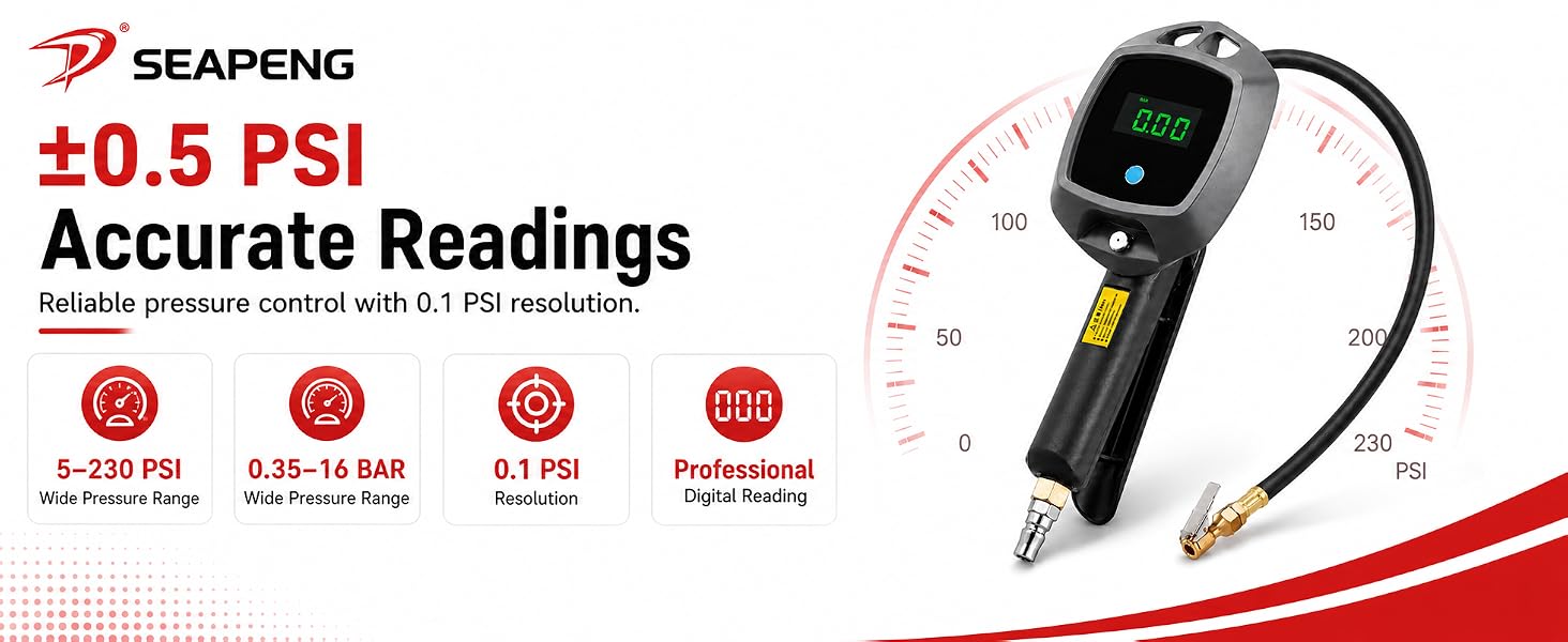 SEAPENG BW-E02 tire inflator gauge for cars trucks and RVs