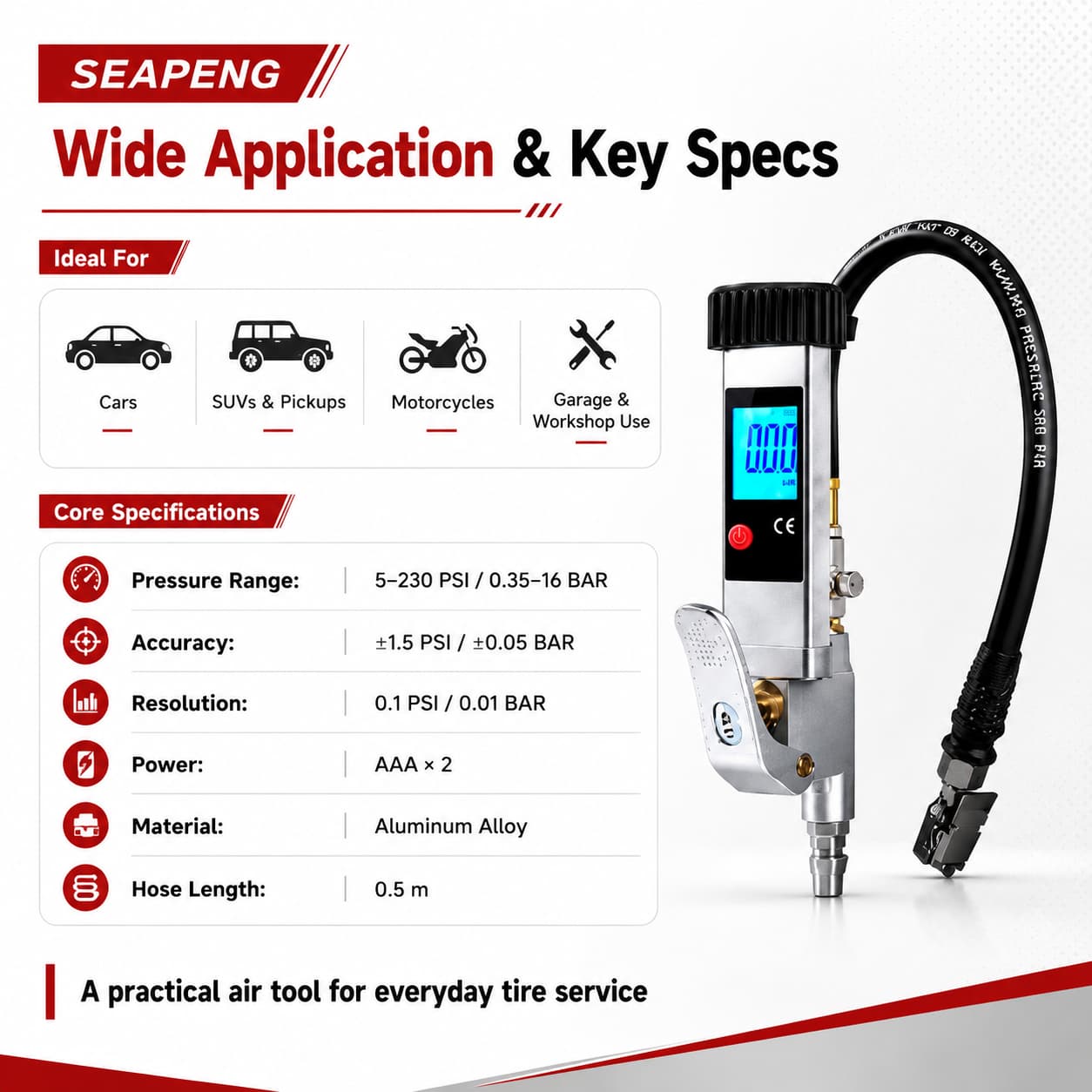 SEAPENG DP-708E Digital Tire Pressure Gauge, 5-230 PSI