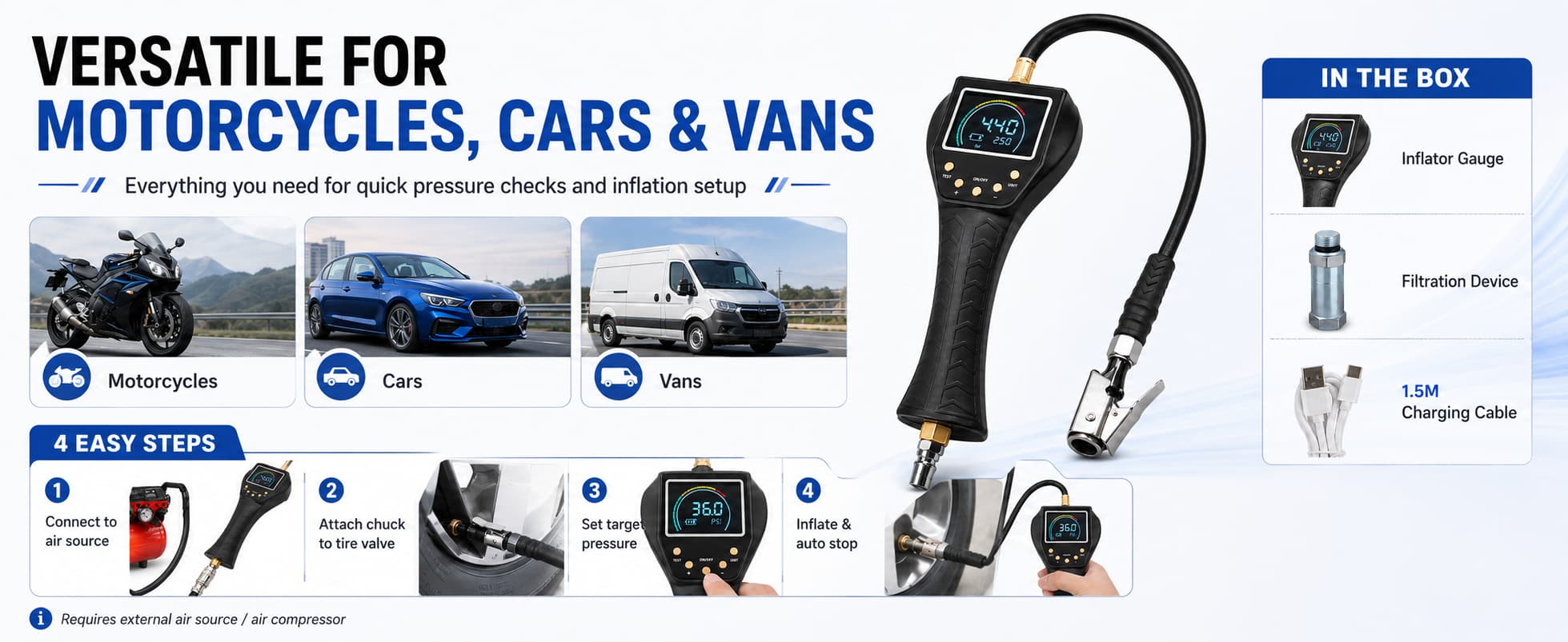 SEAPENG TB-902 handheld tire inflator used for checking and adjusting car tire pressure at roadside